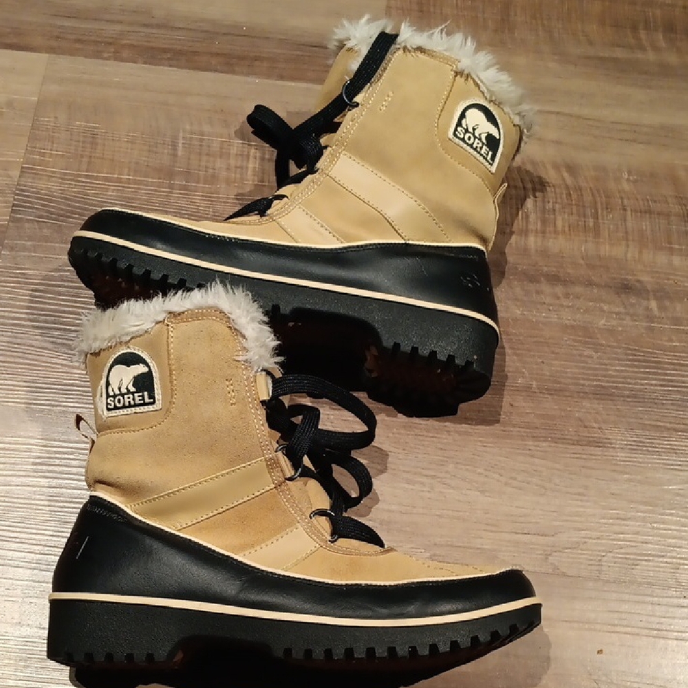 Sorel Beige and Black Fur-Trimmed Boots